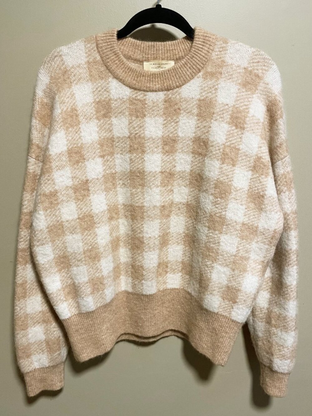 EUC Sezane Becky Wool Mohair Gingham Check Sweater Beige Ecru Large - Picture 3 of 8